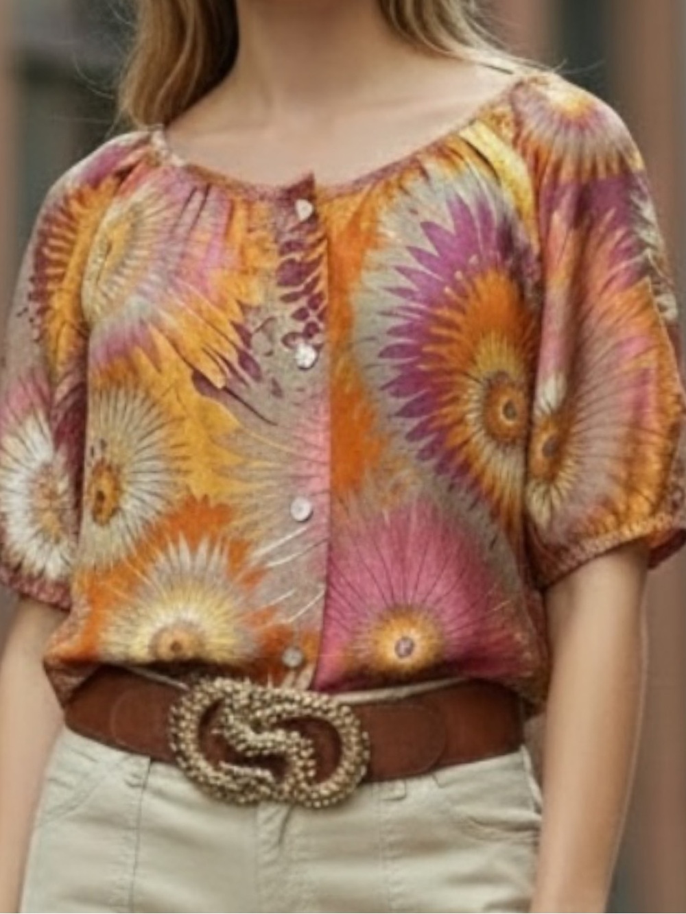 Liquid NY 100% Silk Sunflower Burst Graphic Button Blouse SZ S